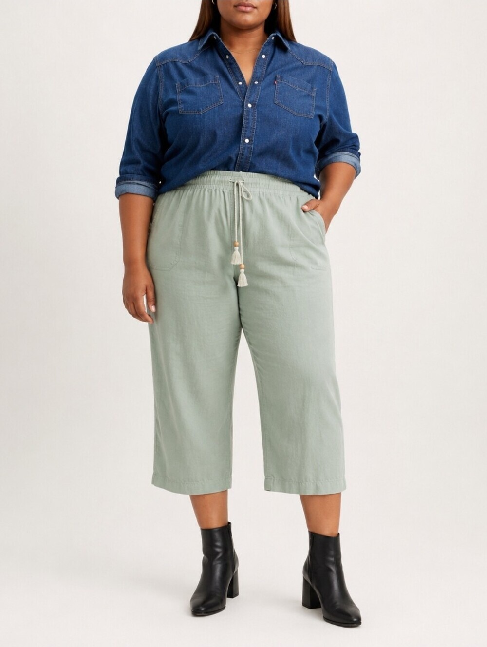 Westbound Woman The Island Crop Linen Blend Cropped Pants 3X Sage Green NWT